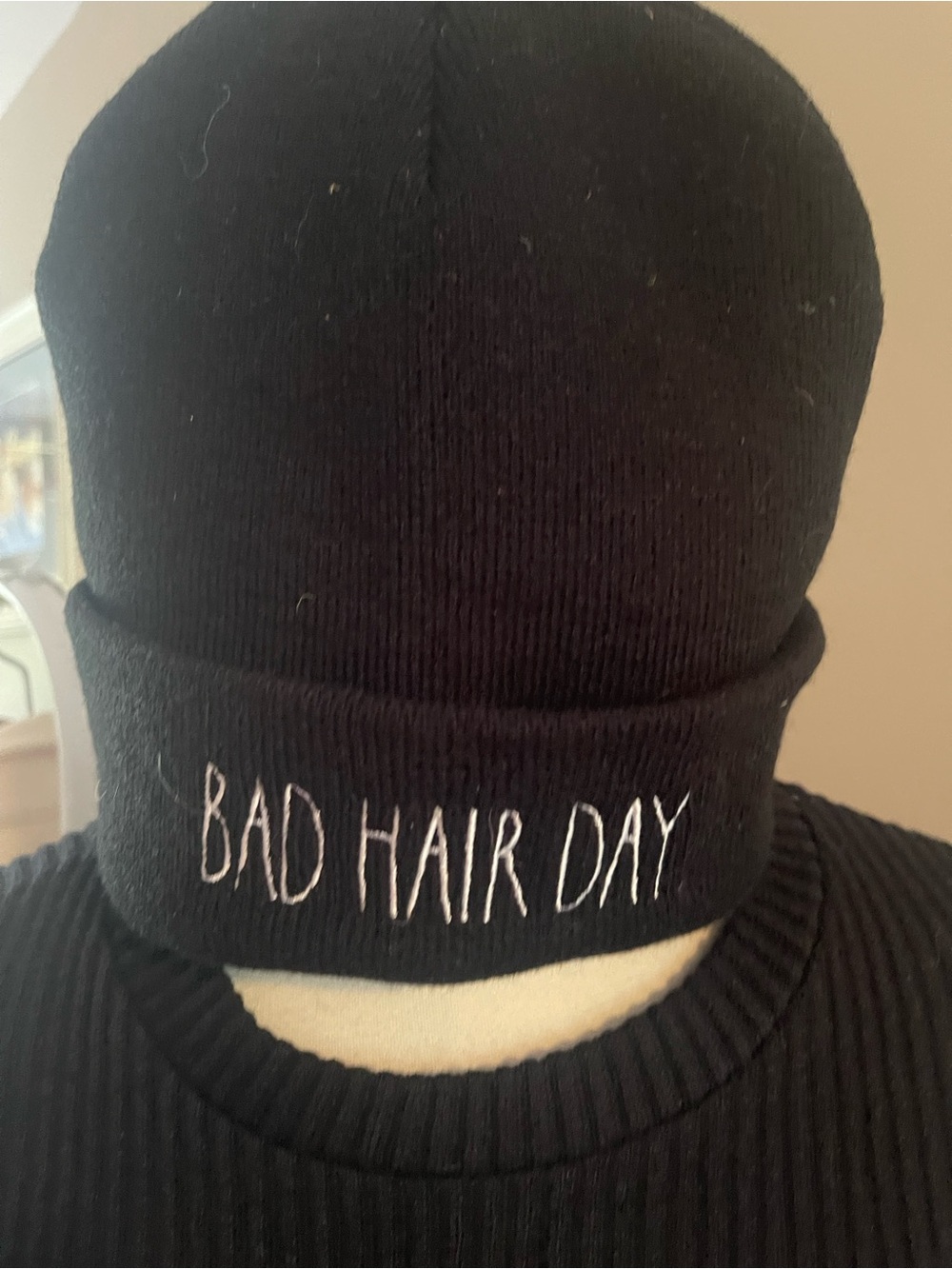 Rae Dunn Bad Hair Day Embroidered Knit Beanie - Black